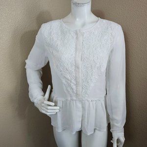 FAMOUS CATALOG Ivory Lace Peplum Hidden Button Down Blouse~Size M